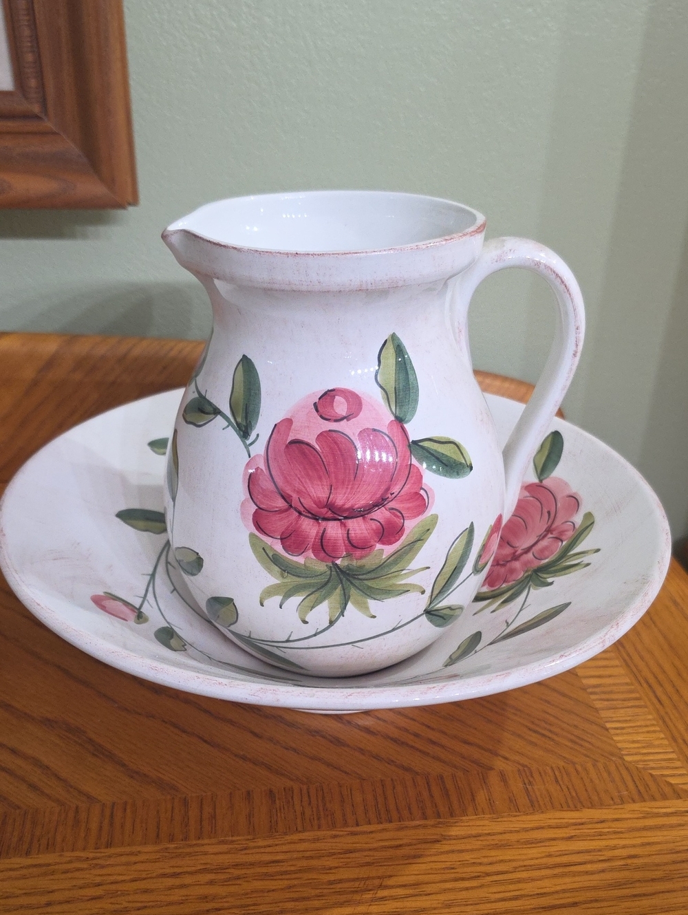 Italian-Hand-Painted Floral Ceramic Pitcher and Basin - White with Pink Flowers
